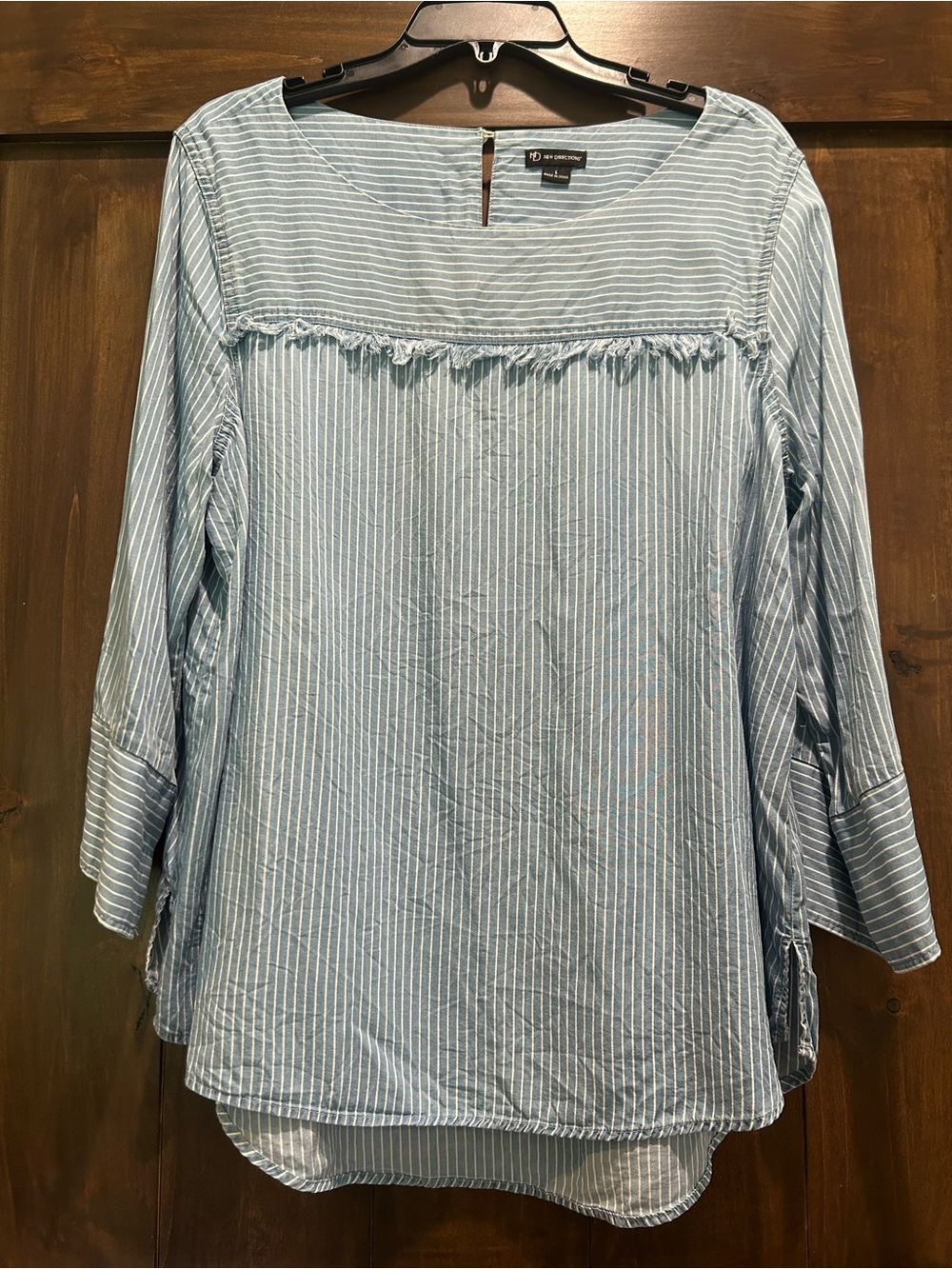 M385 new directions light blue striped fringe yoke tunic Sz. L